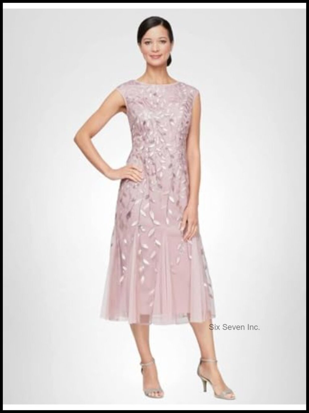 Embroidered Cocktail Dress Fit & Flare Midi with Illusion Neckline (Petite)
